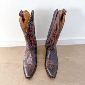 Western Cowboy Corral Embroidered Brown Red Burgundy Vintage Boots Festival 6.5